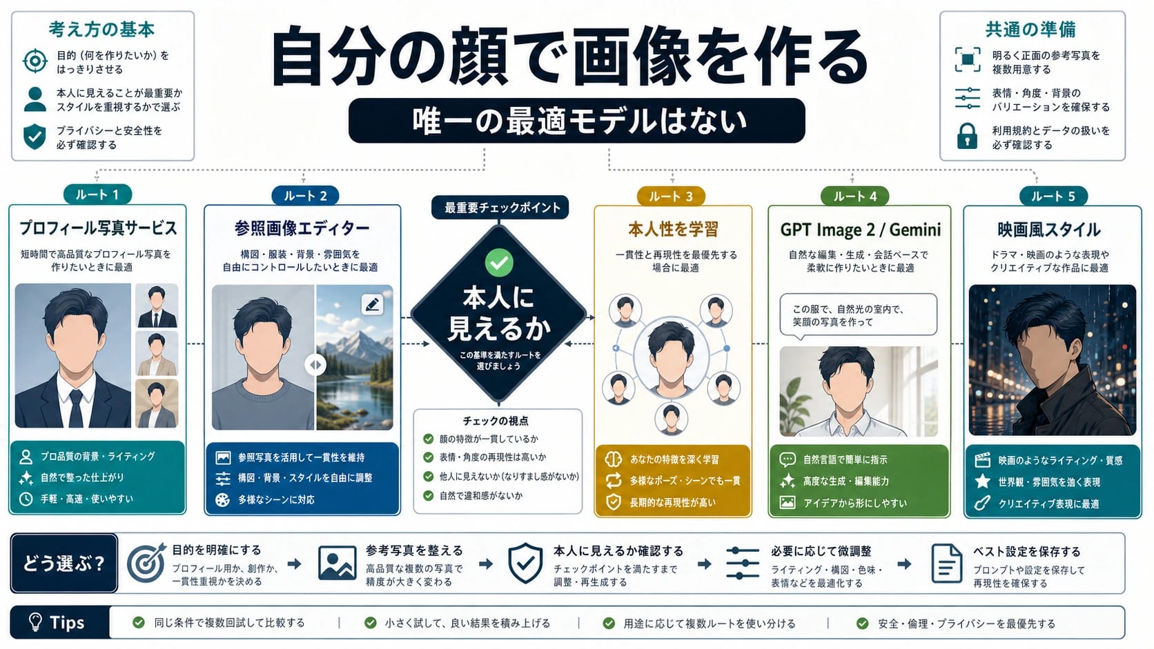 自分の顔でAI写真を作るためのルート選択図。ポートレート、参考画像編集、人物学習、公式API、スタイル重視を分ける