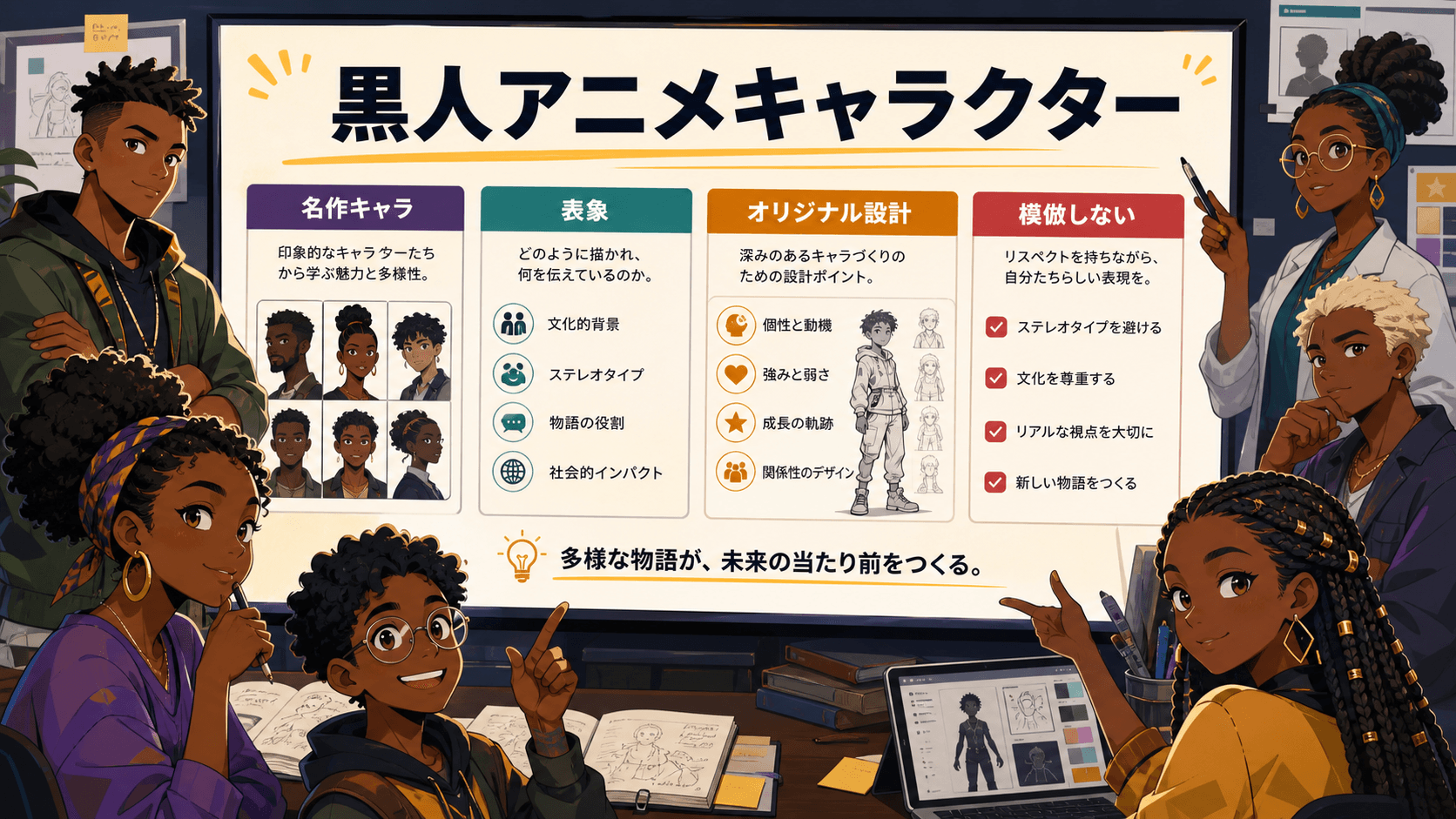 黒人アニメキャラクター:代表的な名前、作品文脈、オリジナル設計の考え方