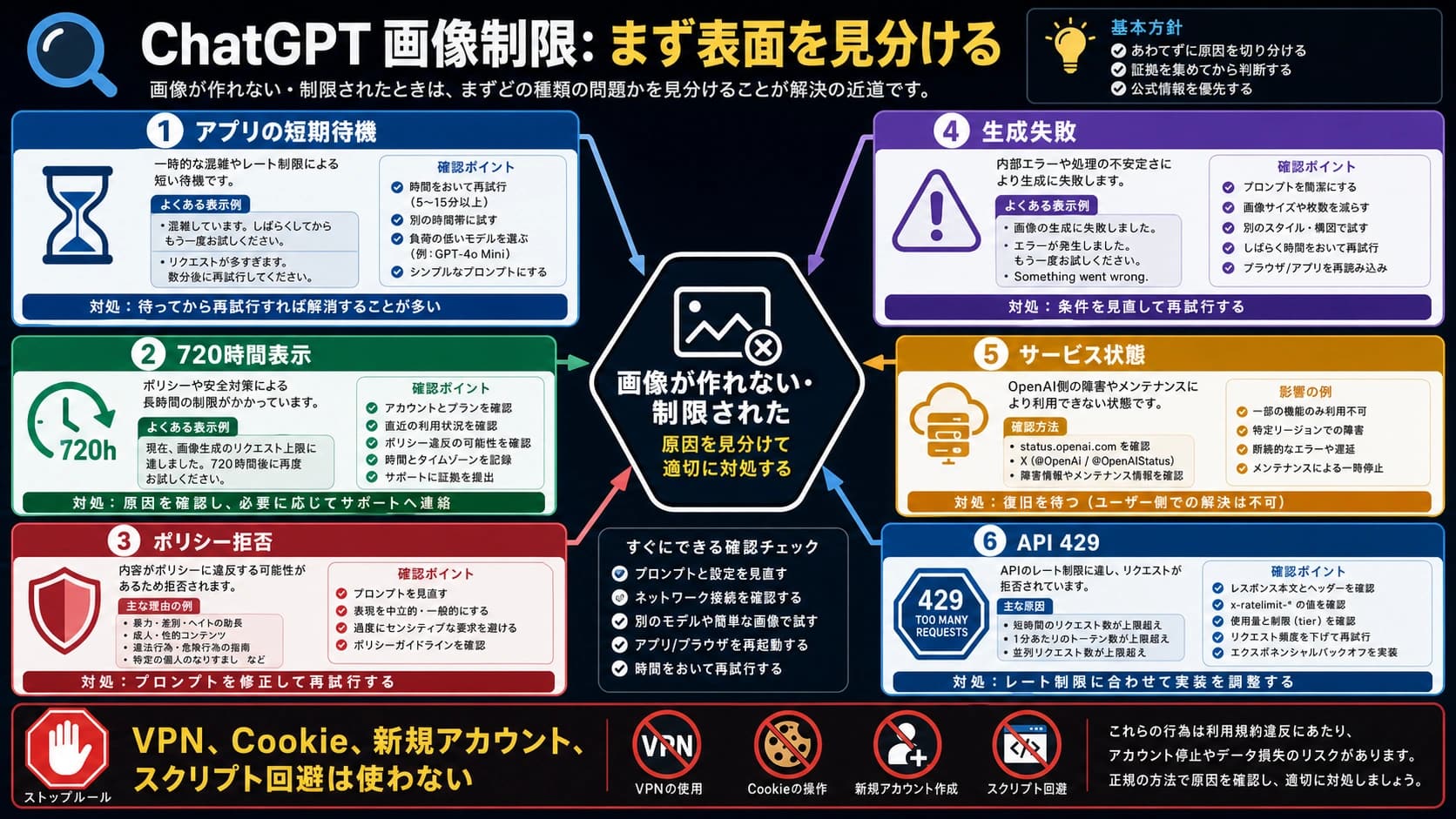 ChatGPT の画像生成制限を六つの分岐で診断する図