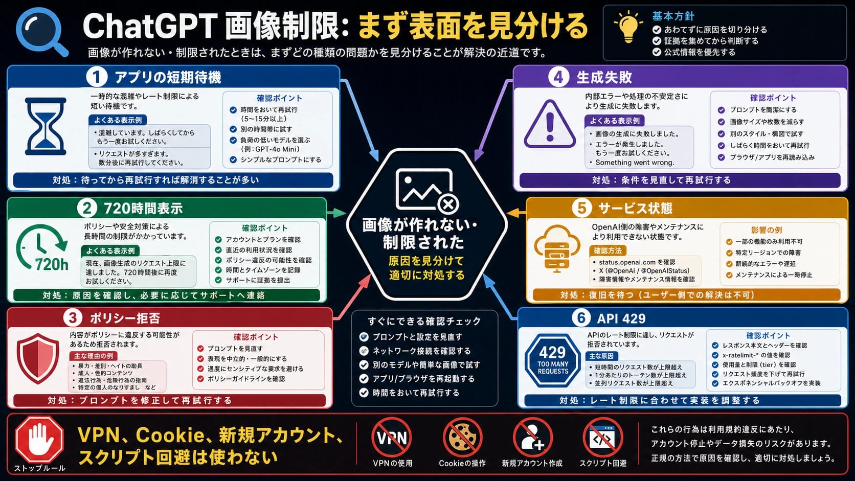 ChatGPT の画像生成制限を六つの分岐で診断する図