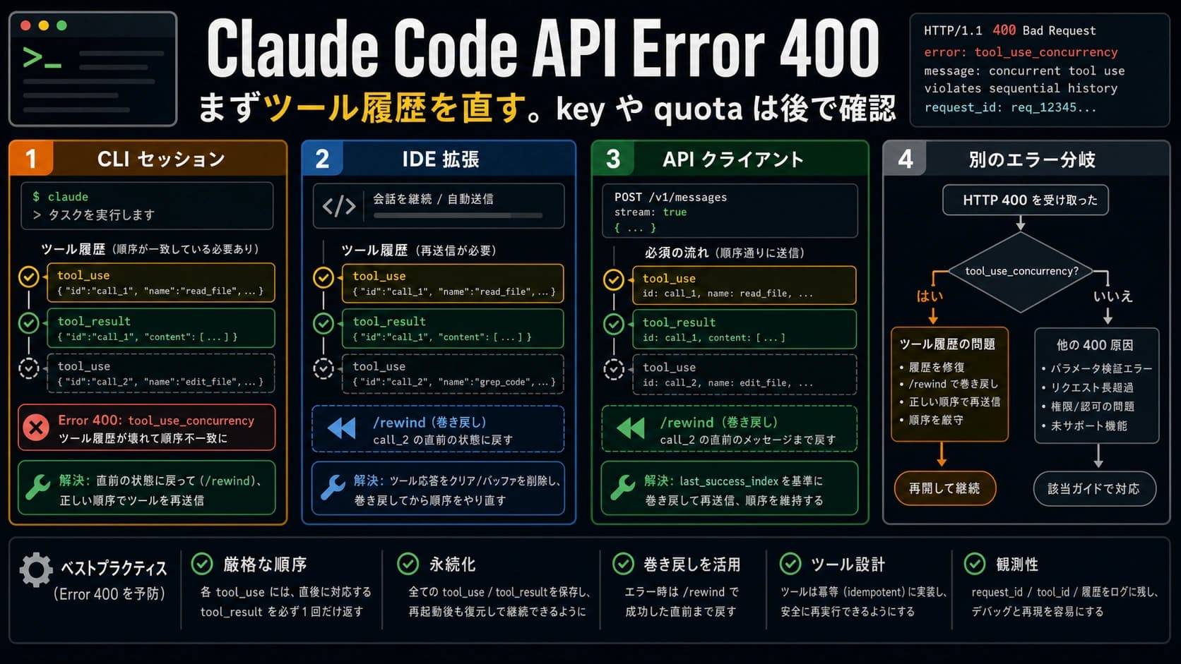 Claude Code API Error 400 のツール履歴分岐図