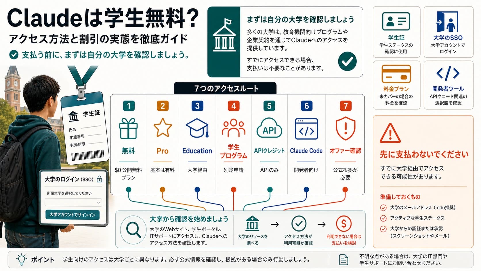 Claude学生アクセスの判断ボード。Free、Pro、Education、学生プログラム、APIクレジット、Claude Code、無料主張を分ける