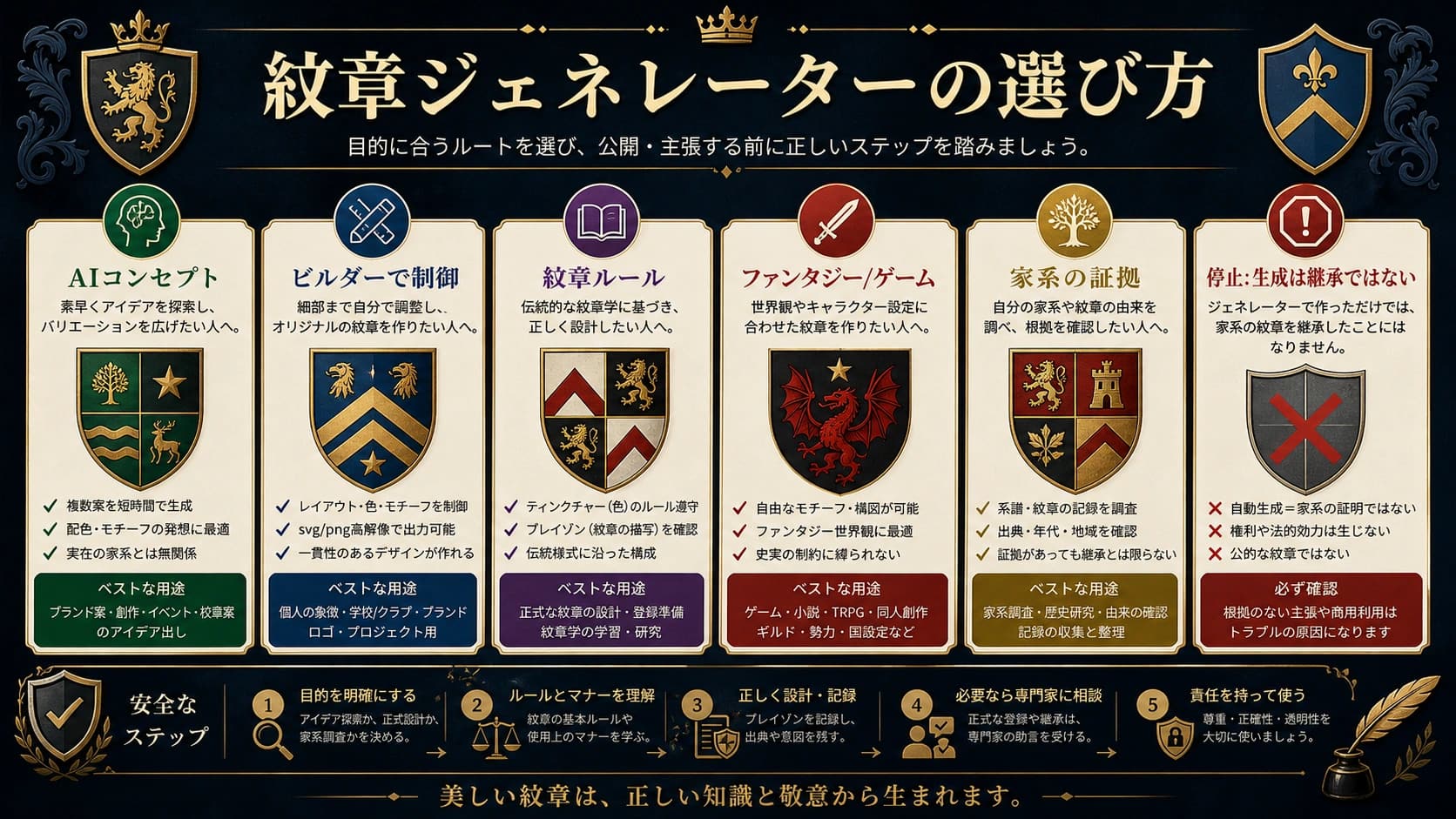 紋章メーカーの選択図。AI案、編集ツール、blazon、ファンタジー、家系確認を分ける