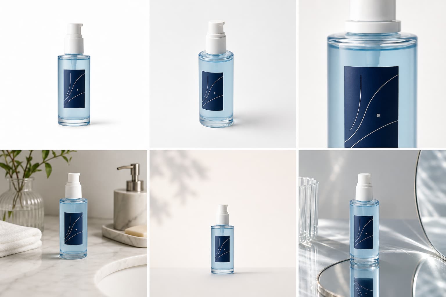 同じ化粧品ボトルを白背景、斜め、接写、ライフスタイル、縦長広告、反射面の6カットで検証する商品同一性ボード