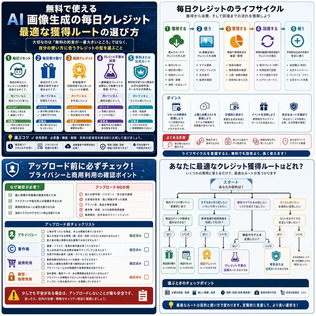 無料AI画像生成の毎日クレジット選択ボード、毎日リセット、毎日受け取り、初回クレジット、クレジット不要、有料または公式ルートを整理