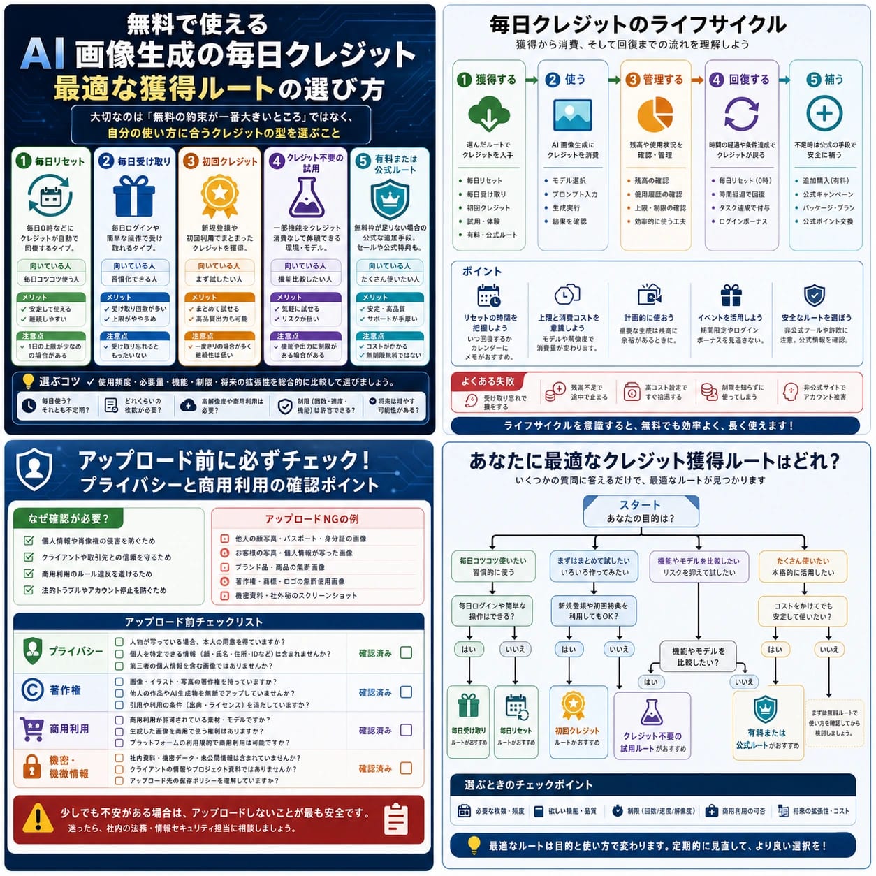無料AI画像生成の毎日クレジット選択ボード、毎日リセット、毎日受け取り、初回クレジット、クレジット不要、有料または公式ルートを整理