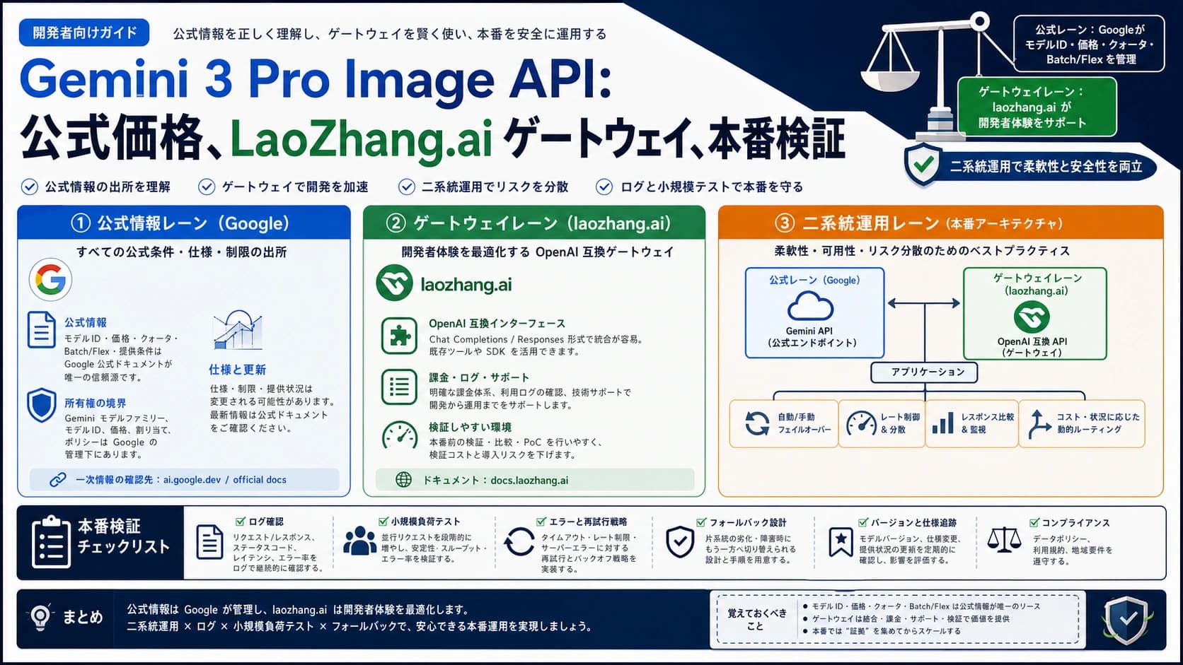 Gemini 3 Pro Image API の利用ルートを、Google公式情報、ゲートウェイ検証、二重検証に分ける図