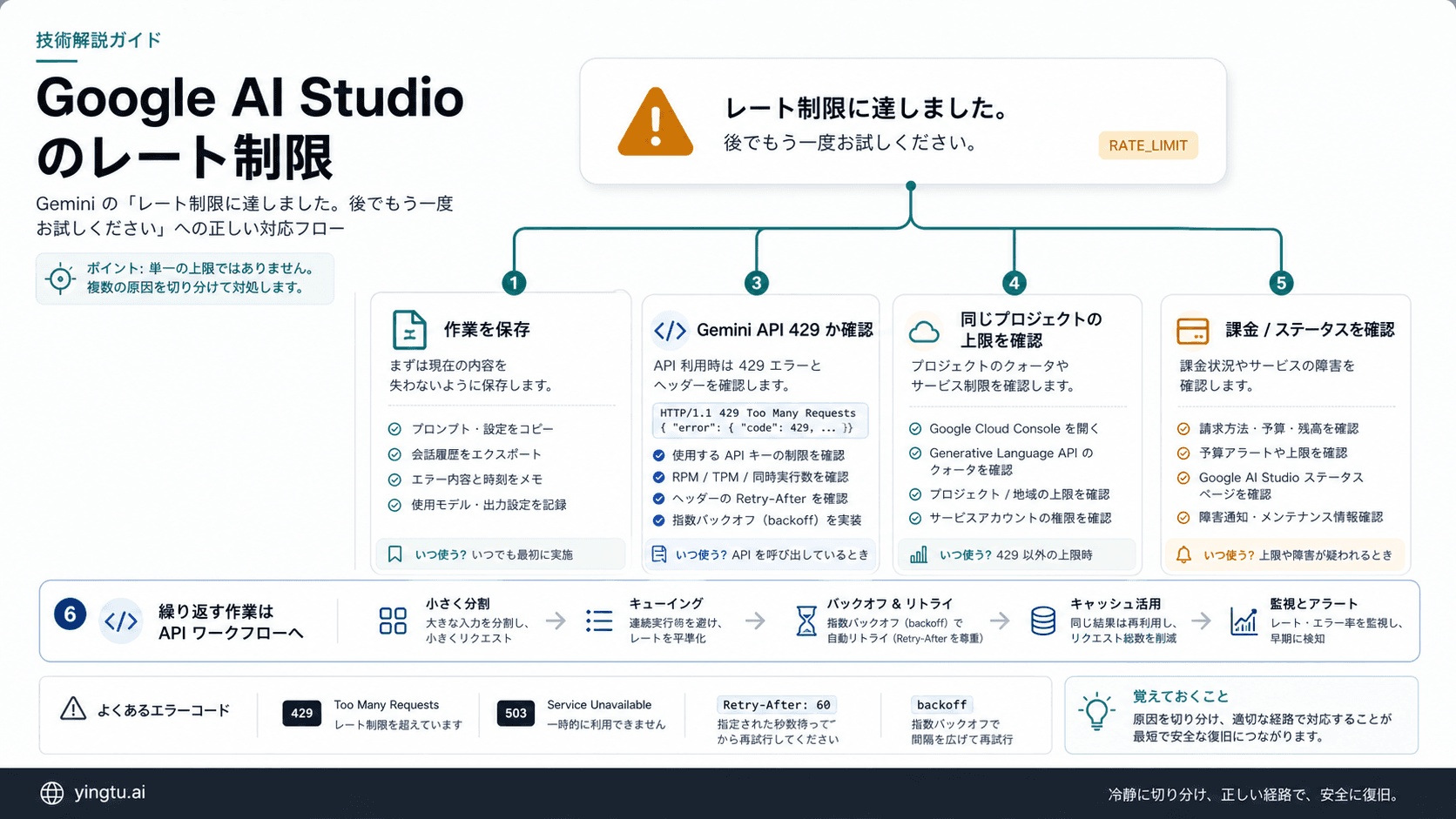 Google AI Studioのレート制限: Geminiで上限メッセージが出たときの直し方