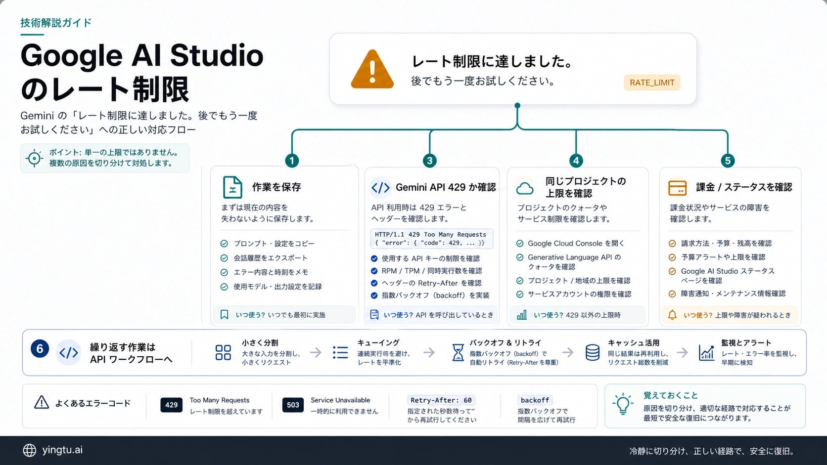 Google AI Studioのレート制限をUI、API、プロジェクト、課金に分ける復旧図