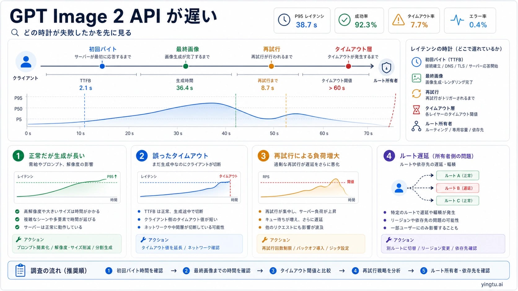 Japanese GPT Image 2 API latency board showing first byte, final image, retries, timeout layer, and route owner