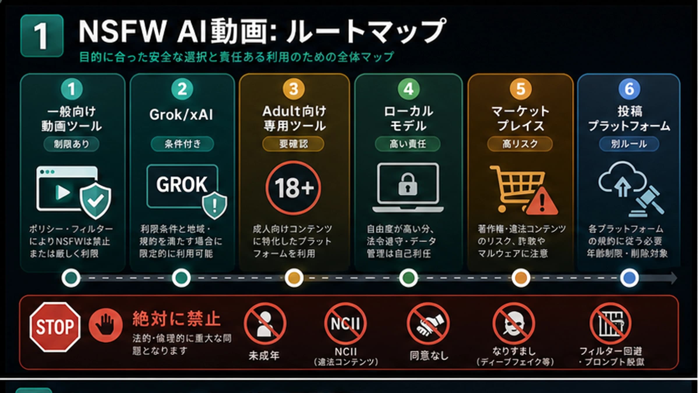 成人向けAI動画の経路を一般動画AI、成人向けサービス、ローカルモデル、公開先、停止条件に分けた図