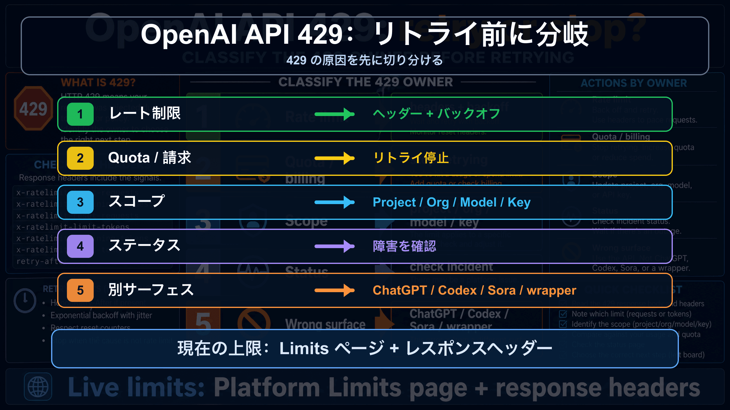 OpenAI API 429エラーの直し方:リトライ、クォータ確認、エスカレーションの分岐