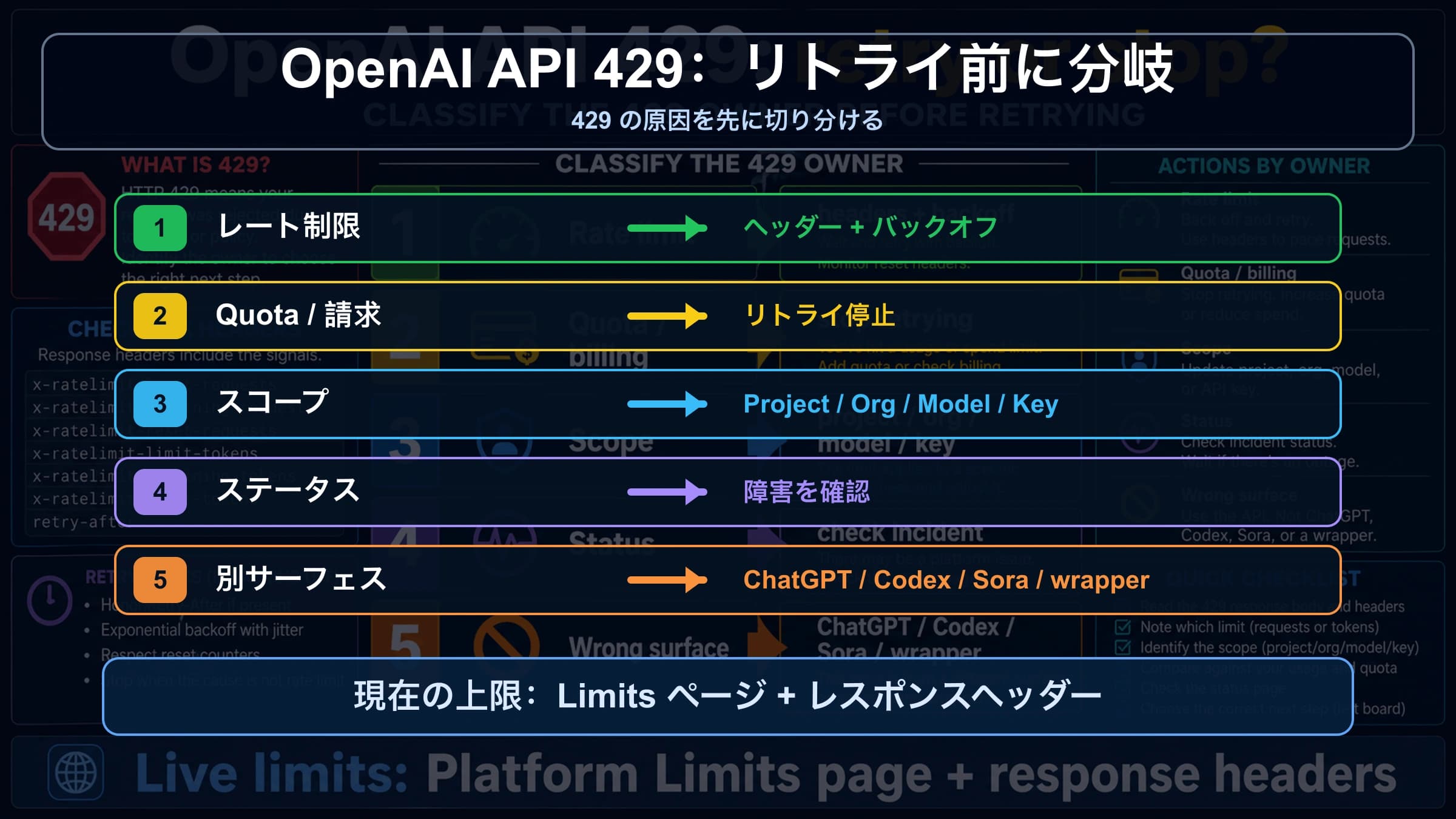 OpenAI APIのquota exceededと429:リトライ、課金確認、エスカレーションの分岐