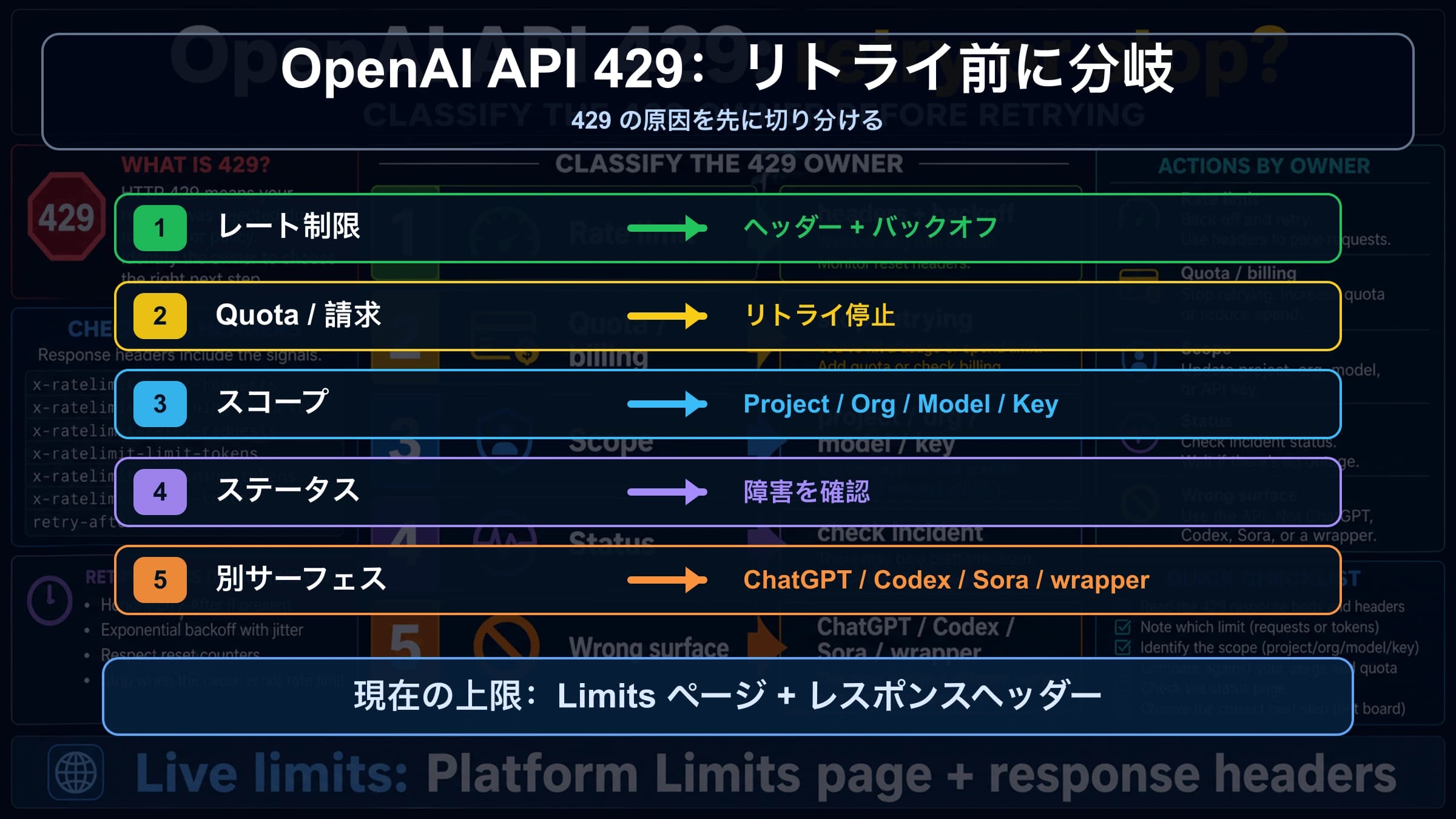 OpenAI API 429の日本語診断ボード。リトライ、クォータ、scope、status、wrong surfaceを分岐