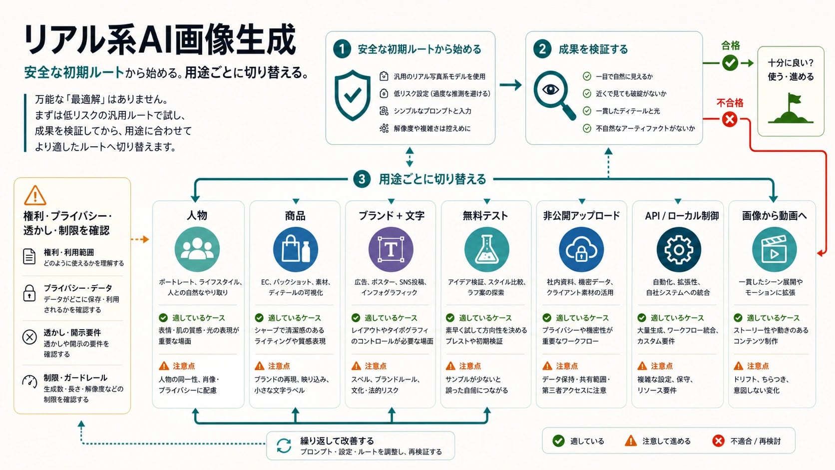 リアル系AI画像生成の選択ボード。初期ルート、用途別切り替え、非公開アップロード、API制御、動画連携を整理