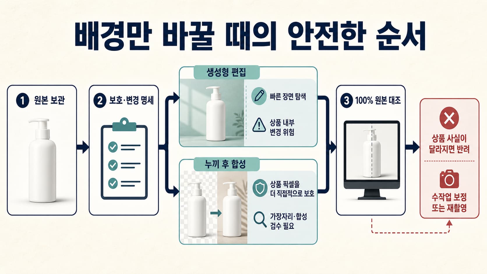 상품을 보호하면서 생성형 배경 변경과 누끼 합성 중 안전한 경로를 고르는 한국어 의사결정 보드