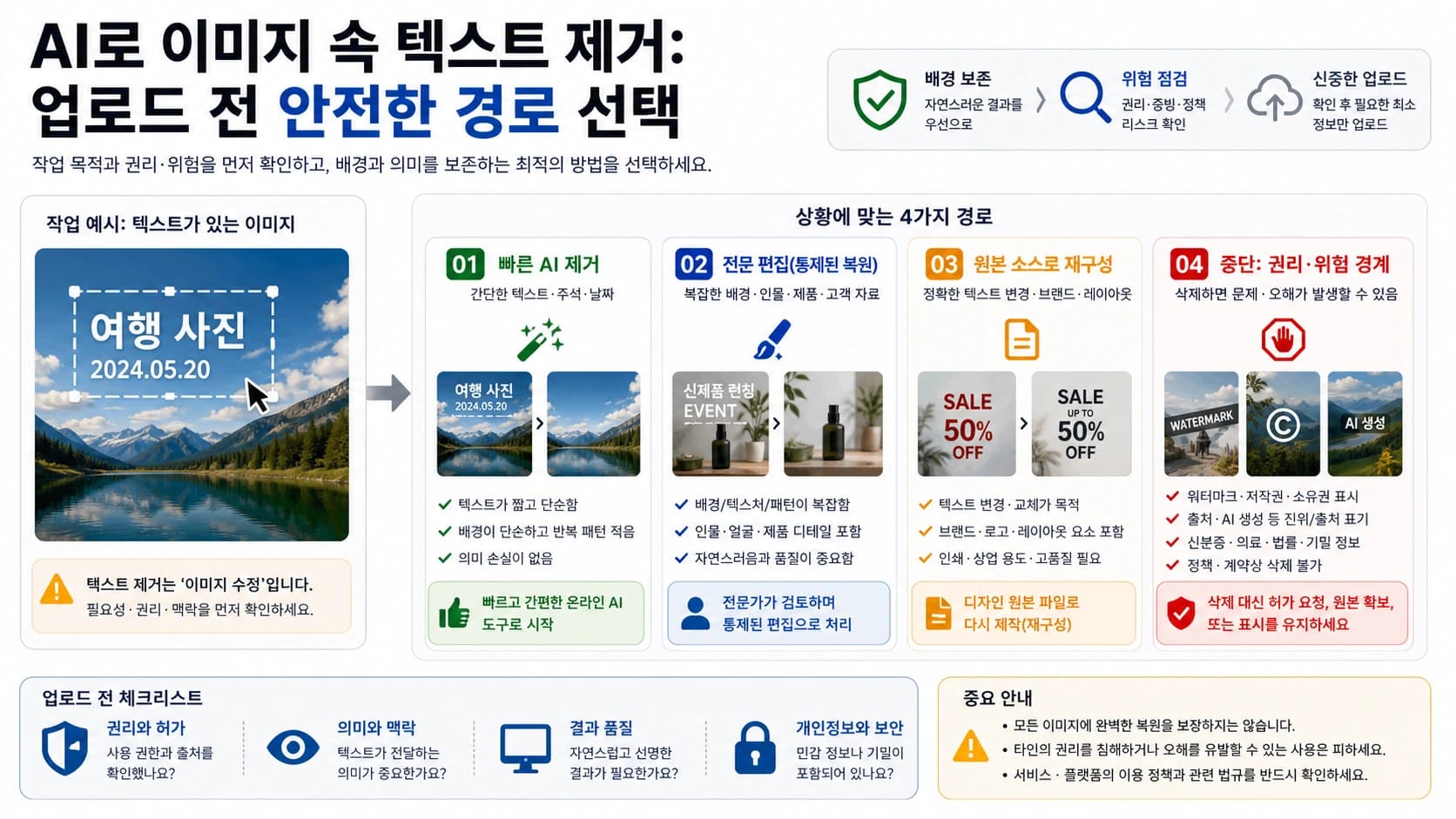 AI로 이미지 텍스트를 제거하기 전 안전 경로를 고르는 흐름도