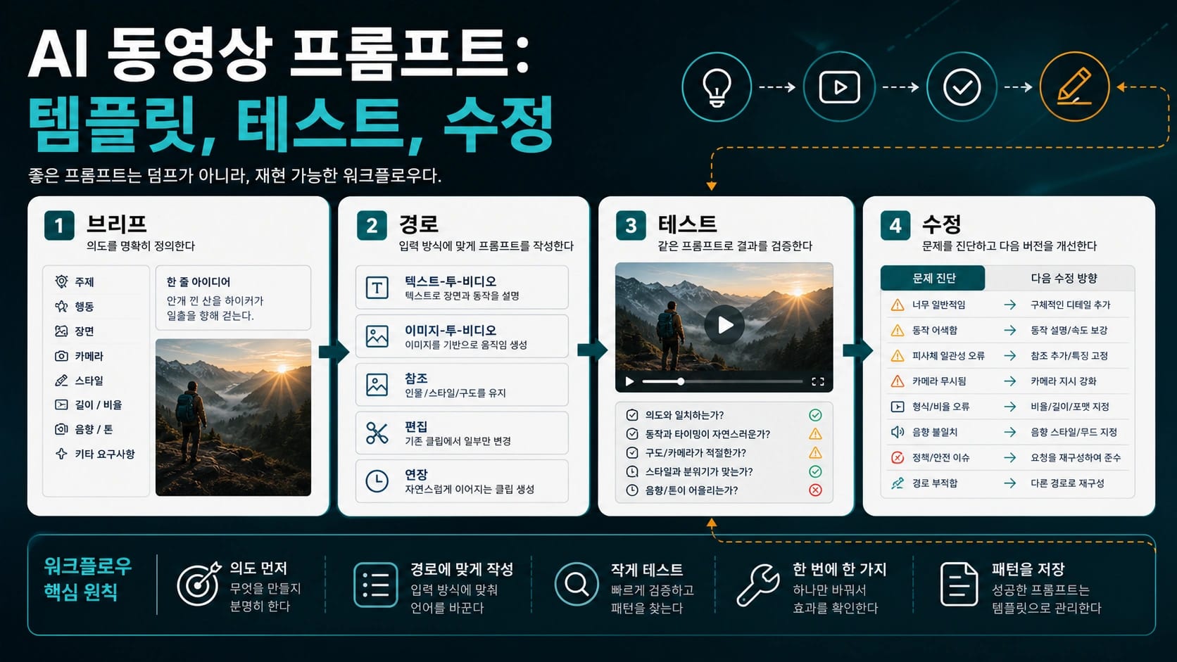 AI 동영상 프롬프트 작성법: 템플릿, 테스트, 실패 수정