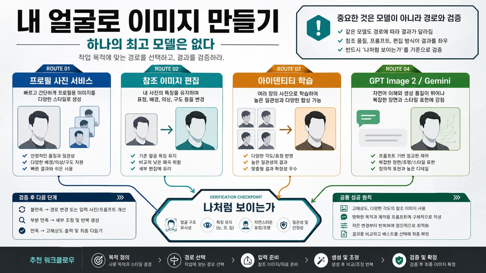 내 얼굴로 AI 사진을 만들 때 프로필 서비스, 참고 편집, 인물 학습, 공식 API, 스타일 도구를 나누는 경로 선택표