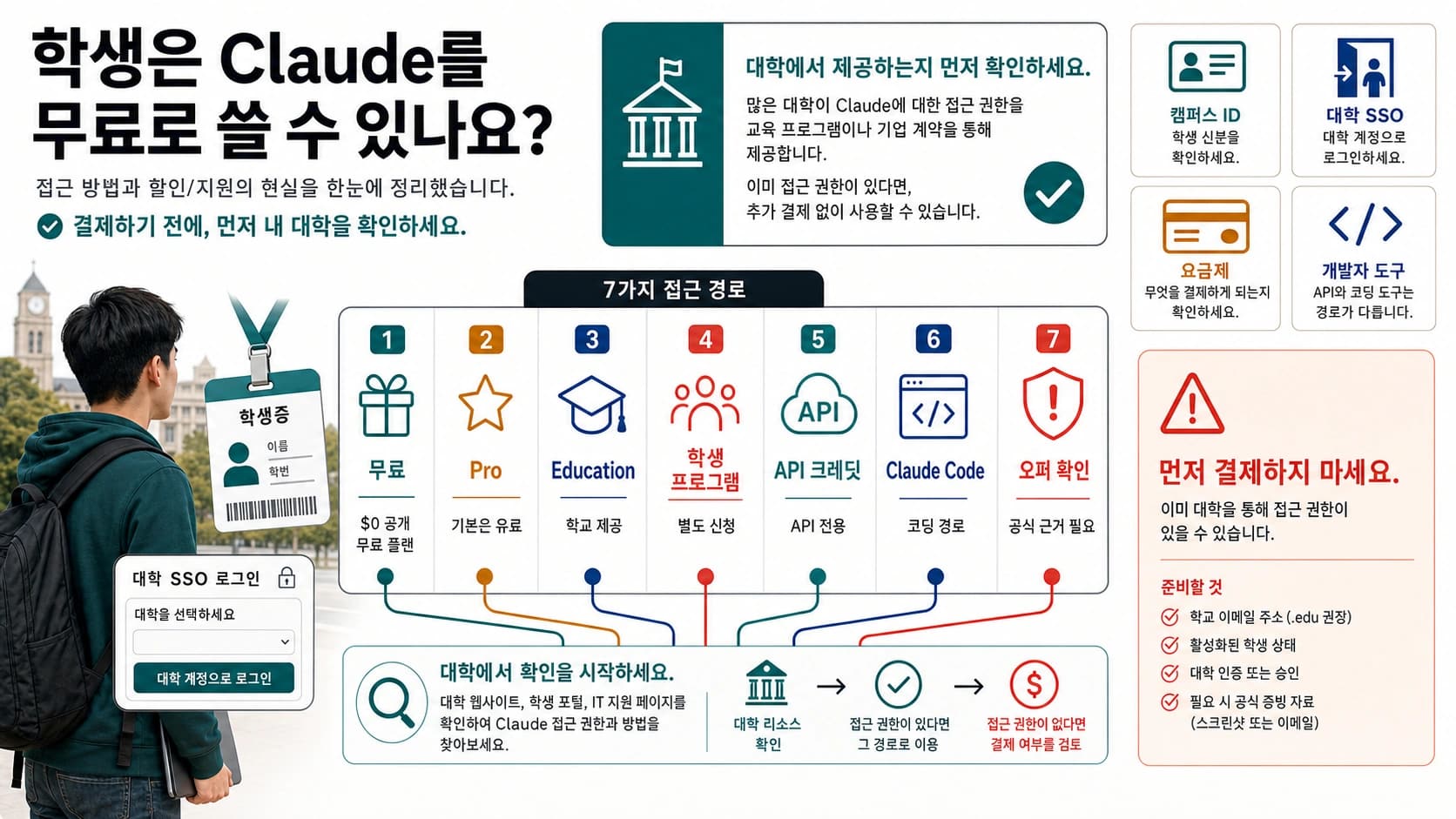 Claude 학생 접근 경로 보드: Free, Pro, Education, 학생 프로그램, API 크레딧, Claude Code, 무료 주장 확인