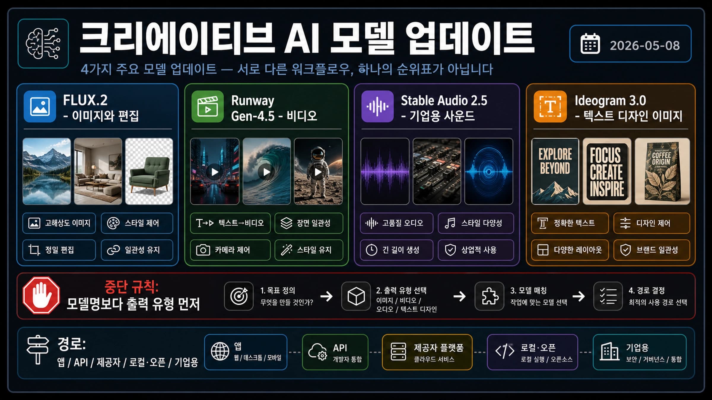 FLUX.2, Runway Gen-4.5, Stable Audio 2.5, Ideogram 3.0 어떤 모델을 선택할까