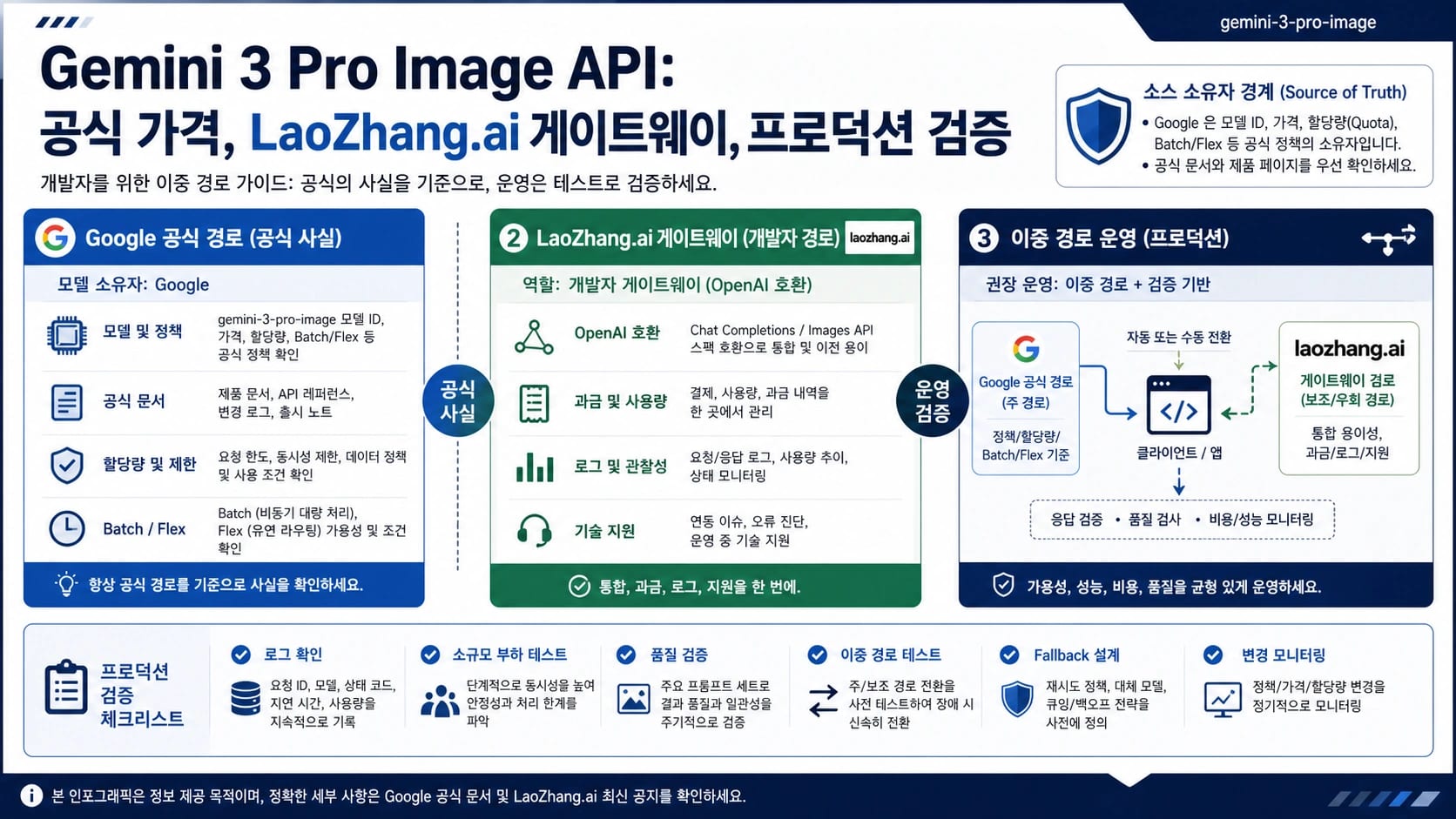 Gemini 3 Pro Image API 접속 경로를 Google 공식 정보, 게이트웨이 검증, 이중 운영 검증으로 나눈 보드