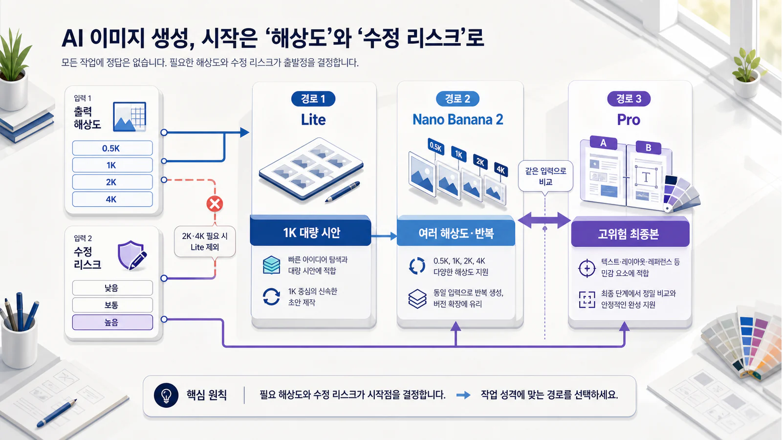 나노 바나나 2 라이트, 나노 바나나 2, 나노 바나나 프로를 출력 해상도와 작업 위험으로 나누는 세 갈래 선택 기준