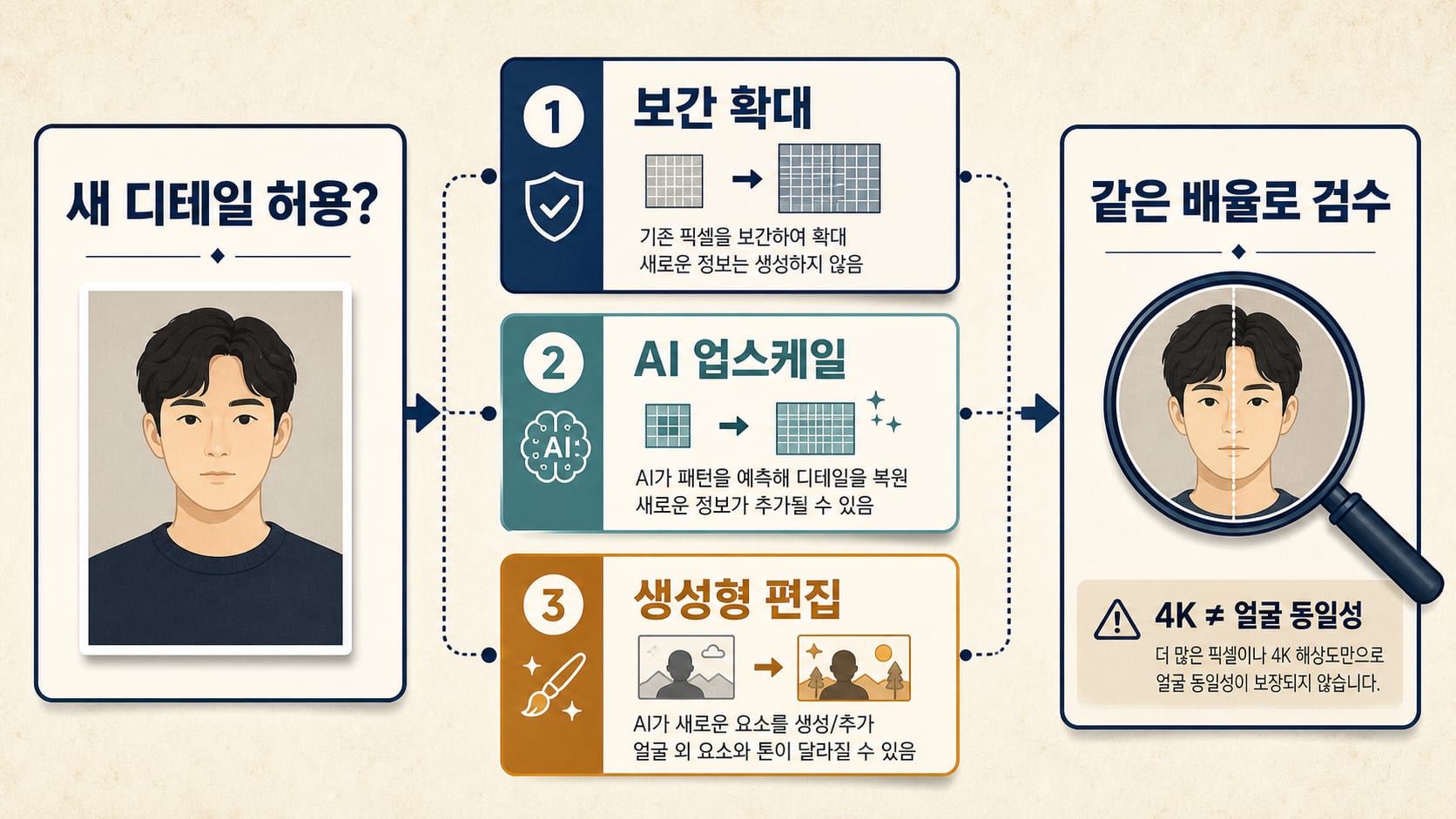 원본 얼굴을 기준으로 보간 확대, AI 업스케일, 생성형 편집 경로를 고르는 선택 흐름