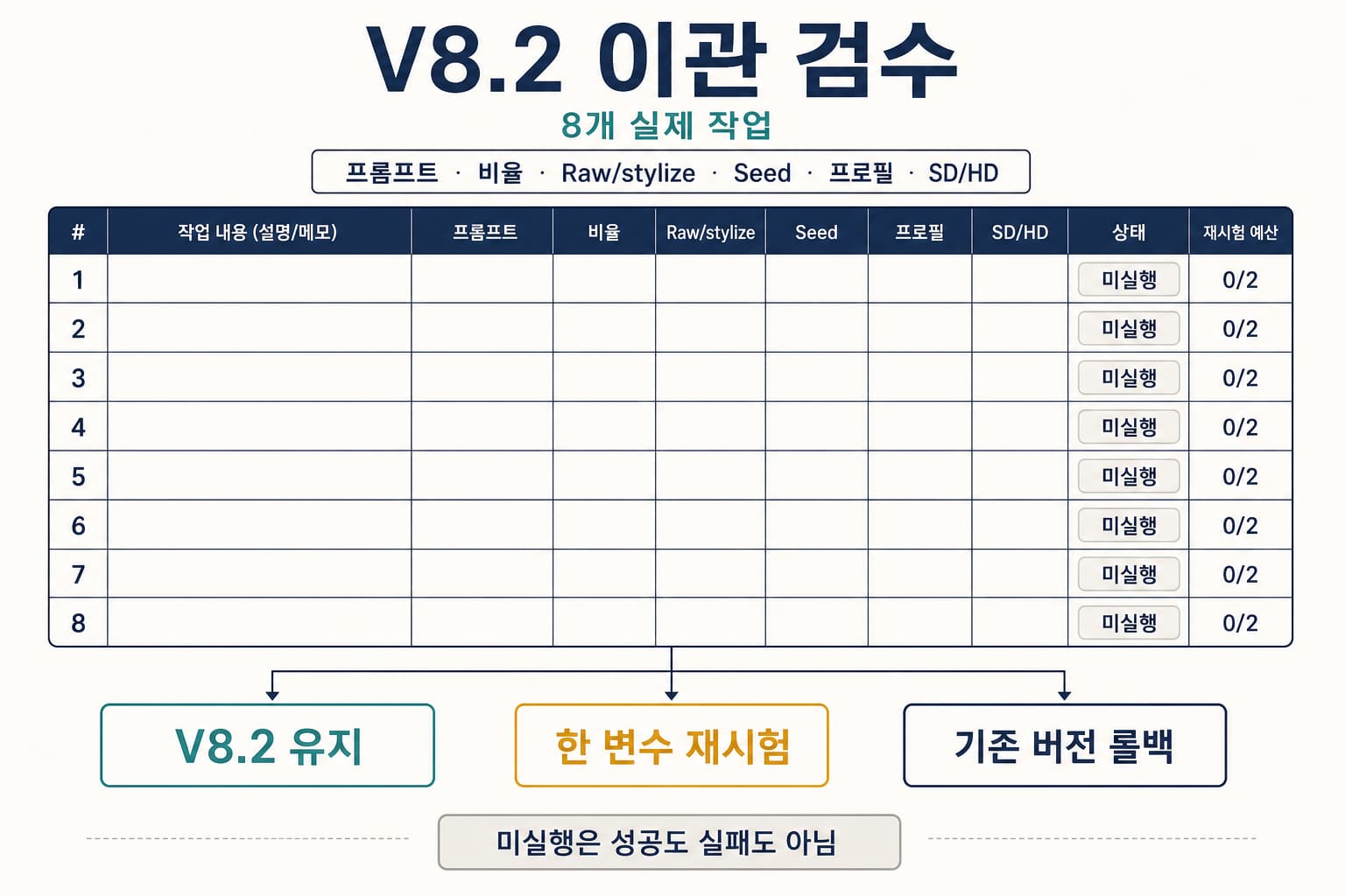 Midjourney 출력이 아닌, 8개 프롬프트를 합격·재검수·롤백으로 나누는 버전 업그레이드 검수 기록지 개념도