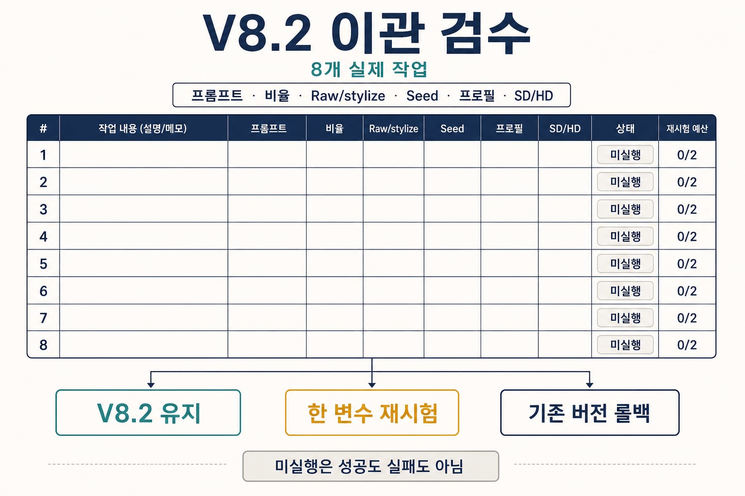 Midjourney 출력이 아닌, 8개 프롬프트를 합격·재검수·롤백으로 나누는 버전 업그레이드 검수 기록지 개념도