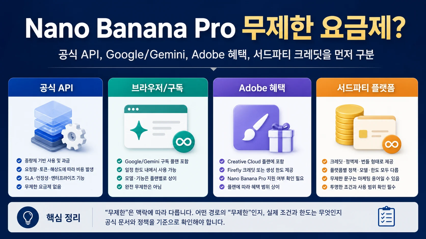 Nano Banana Pro 무제한 요금제는 실제인가: 공식 API, Adobe, 서드파티 크레딧 구분