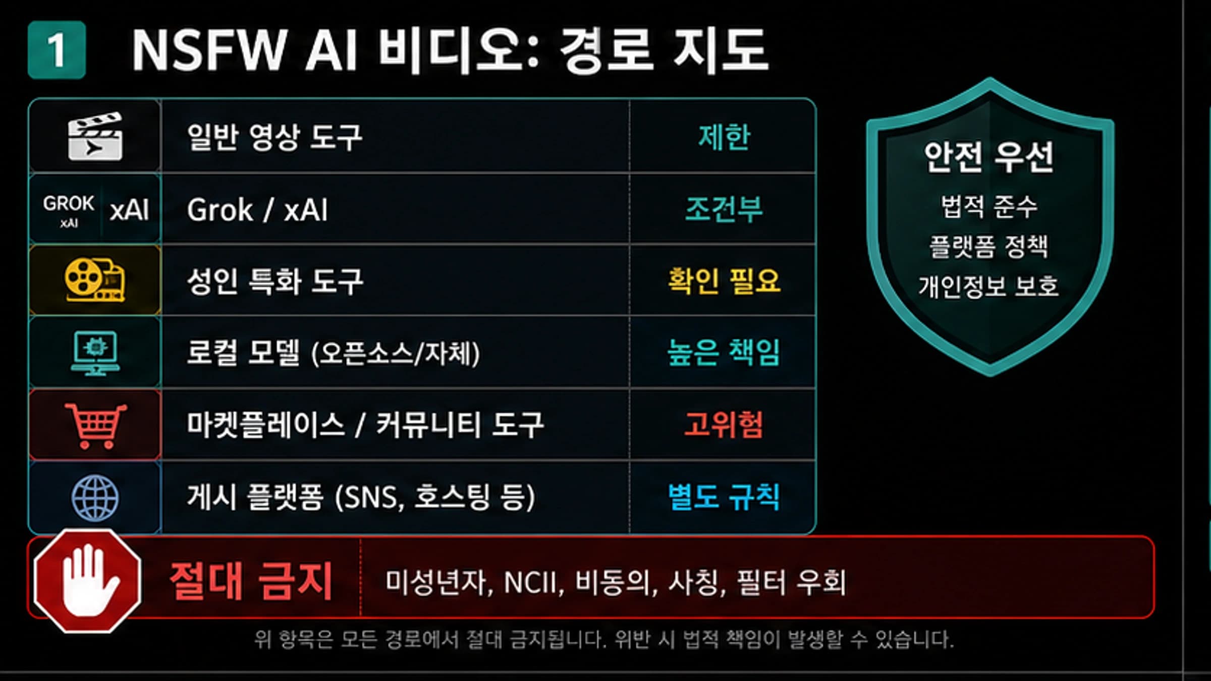 성인용 AI 영상 경로를 일반 생성기, 성인용 서비스, 로컬 모델, 게시 플랫폼, 중단 조건으로 나눈 보드