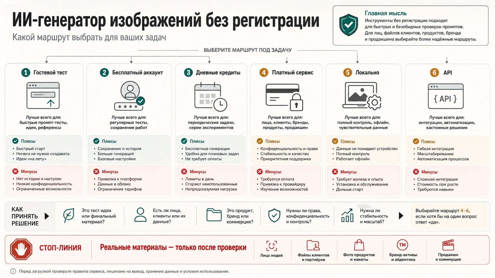 Карта маршрутов для бесплатного AI генератора изображений без регистрации: гостевой тест, аккаунт, дневные кредиты, платный сервис, локальный запуск и API