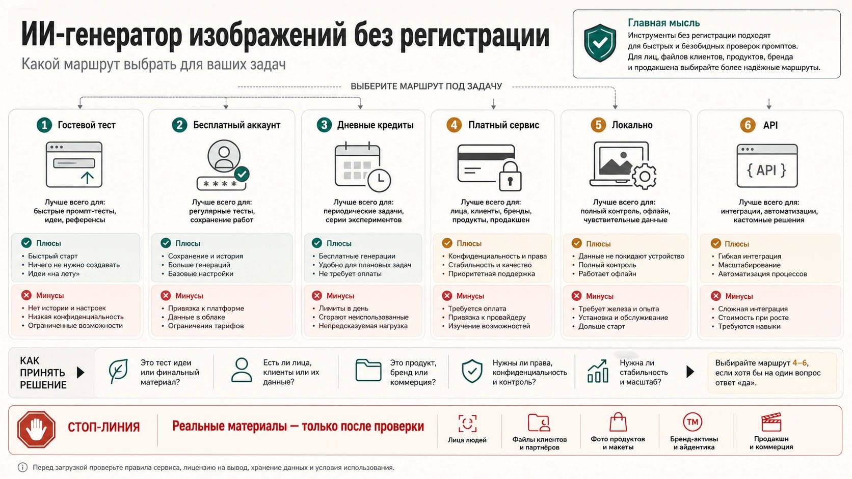 Карта маршрутов для бесплатного AI генератора изображений без регистрации: гостевой тест, аккаунт, дневные кредиты, платный сервис, локальный запуск и API