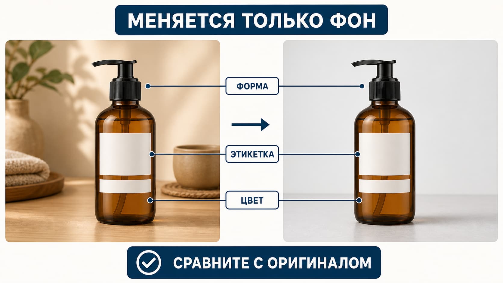 Исходное фото флакона и результат замены фона с неизменными этикеткой, формой и цветом товара