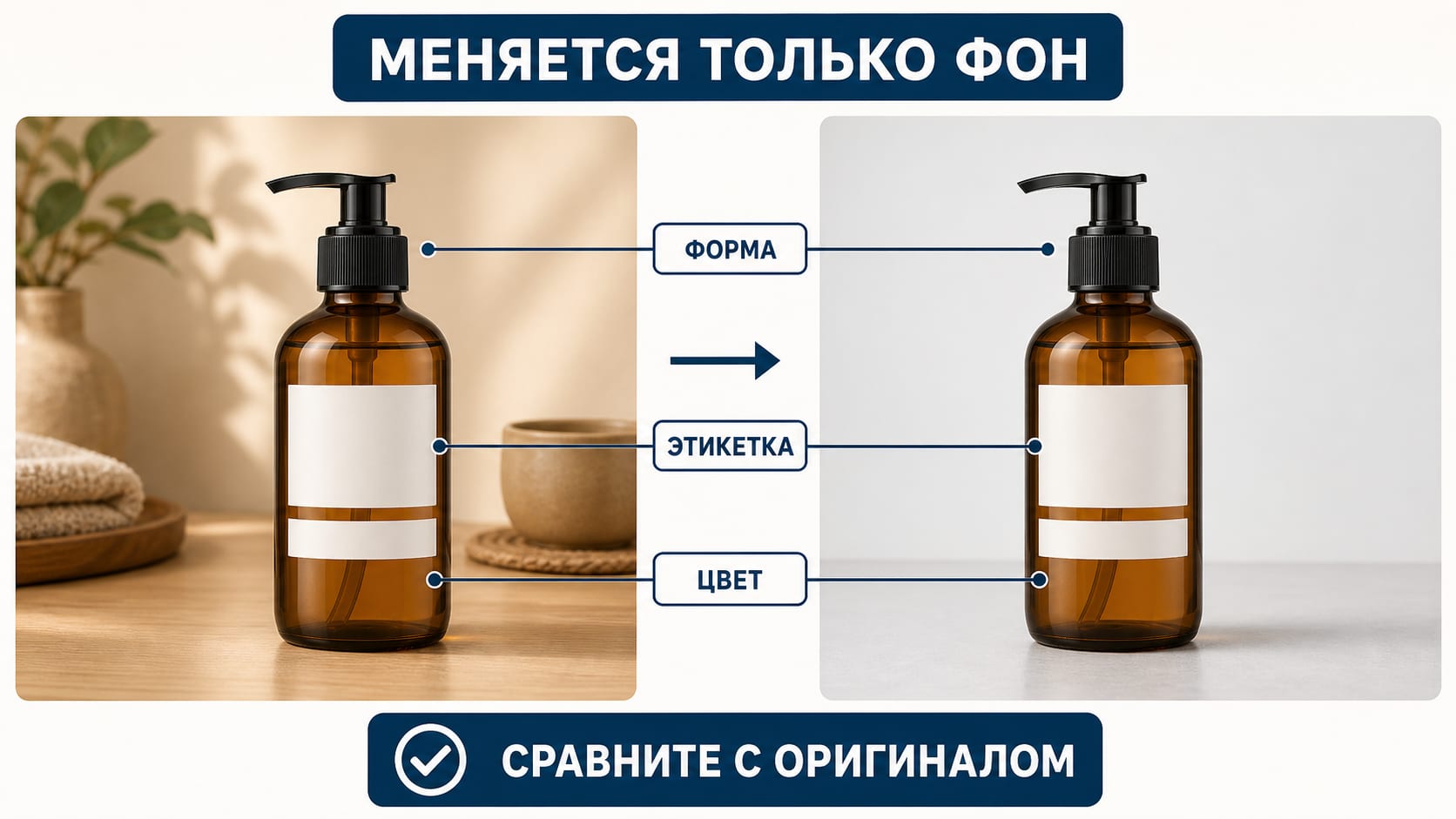 Исходное фото флакона и результат замены фона с неизменными этикеткой, формой и цветом товара