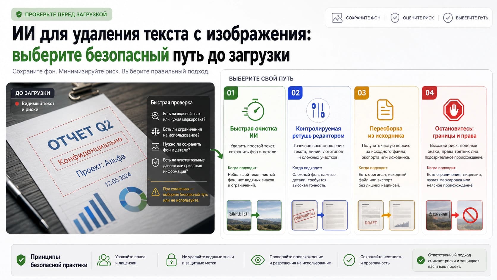Схема выбора безопасного способа удалить текст с изображения с ИИ