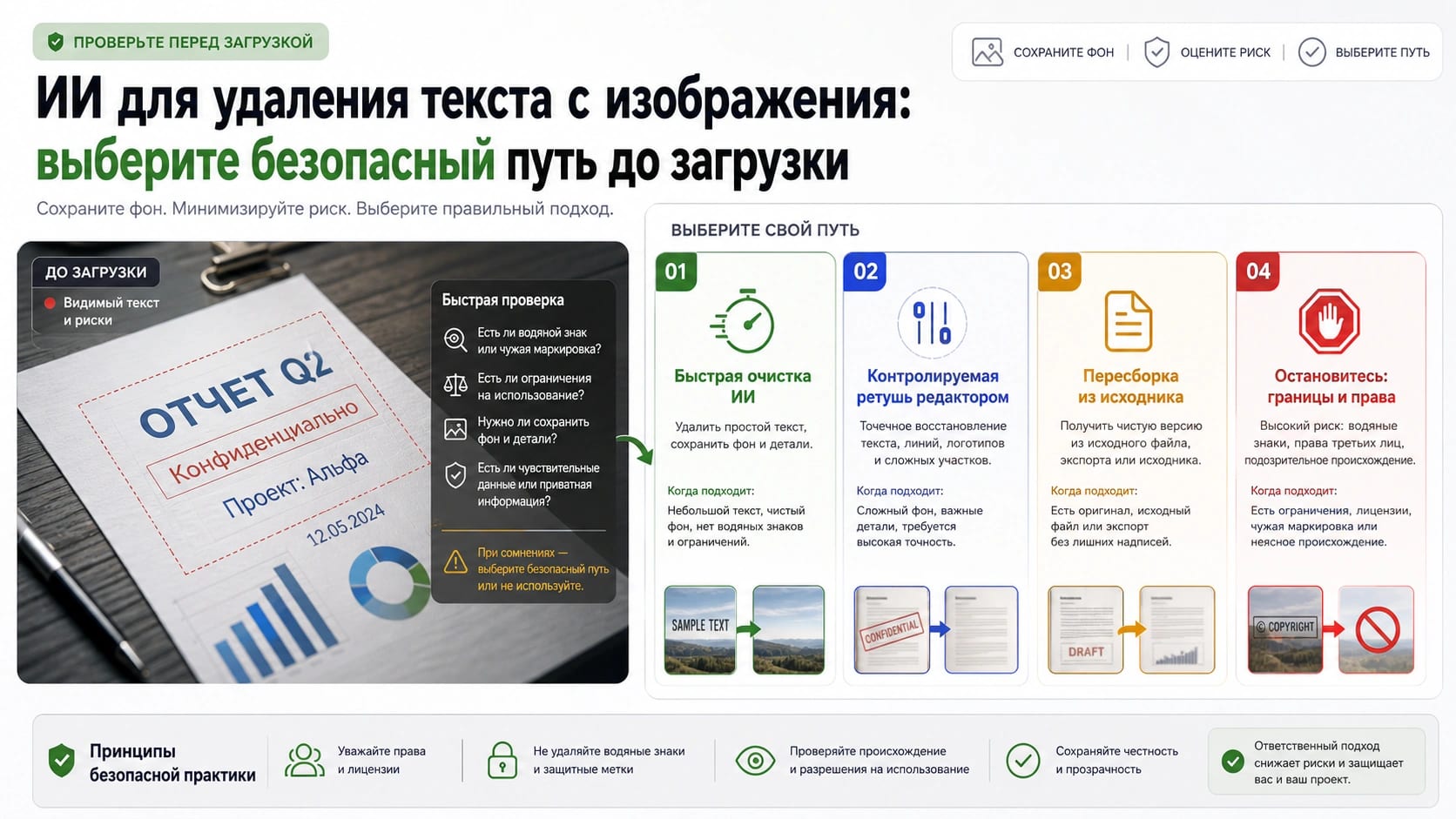 Схема выбора безопасного способа удалить текст с изображения с ИИ