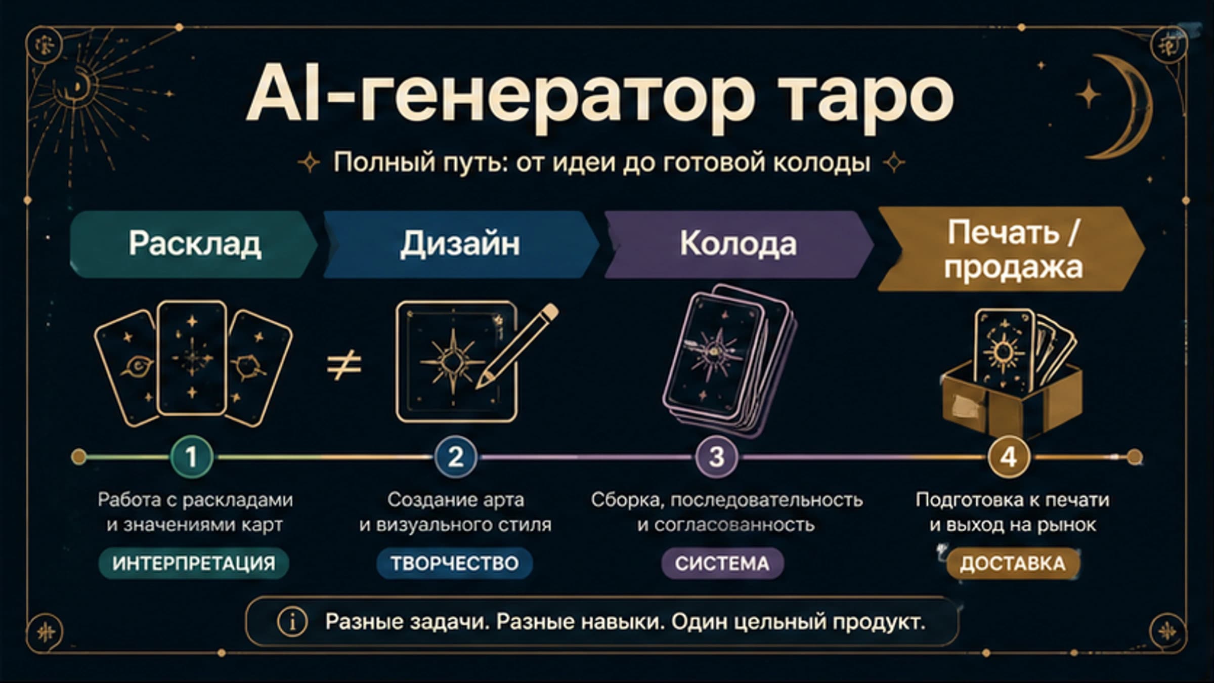 Схема выбора между раскладом Таро, AI-дизайном карты, системой колоды и проверкой перед печатью
