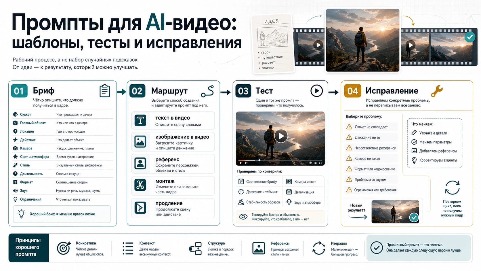 Рабочая схема промпта для AI-видео: задание, режим, тест и исправление