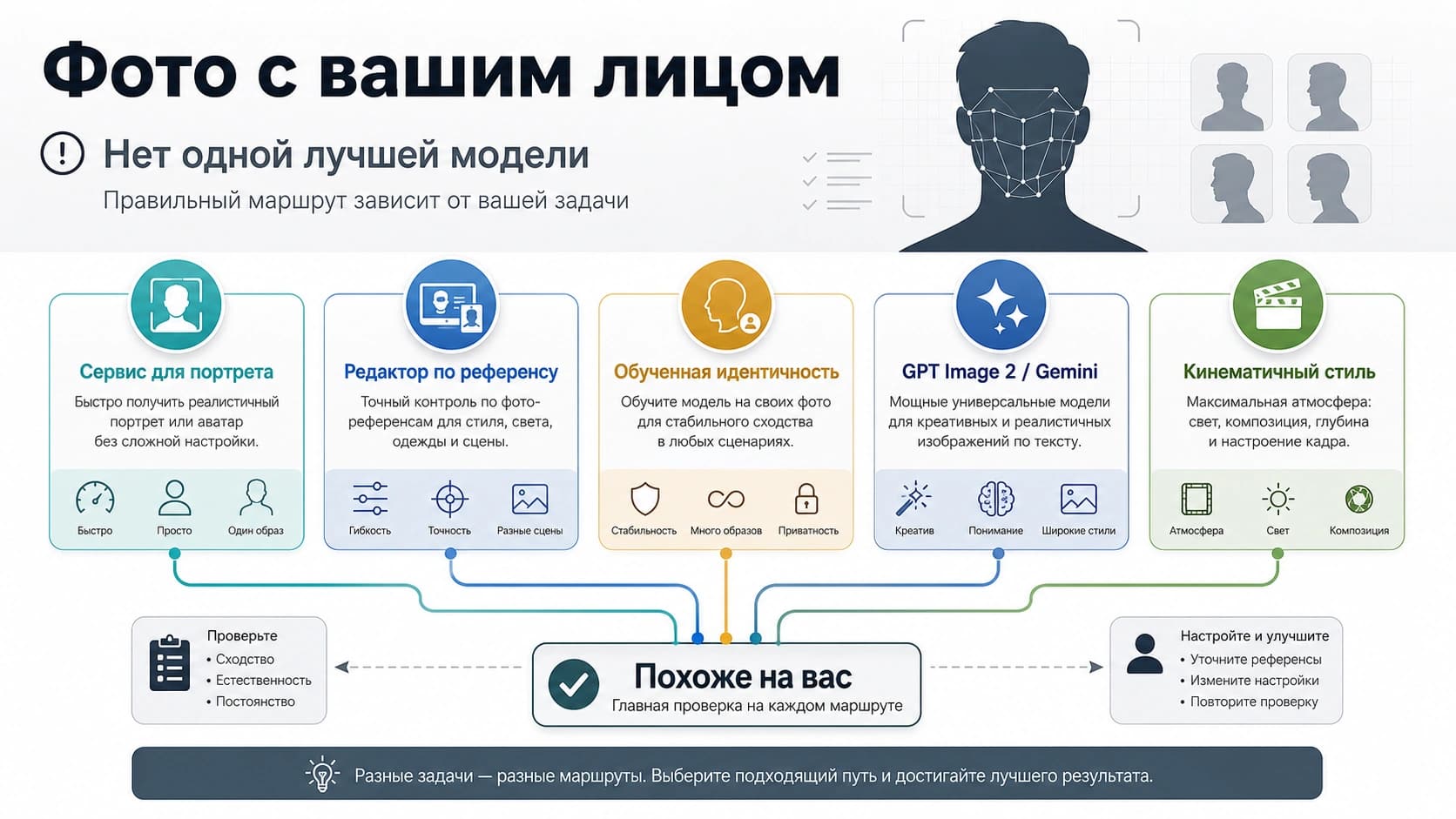 Схема выбора маршрута для ИИ-фото с вашим лицом: портретный сервис, редактор по референсу, обучение личности, API и стиль