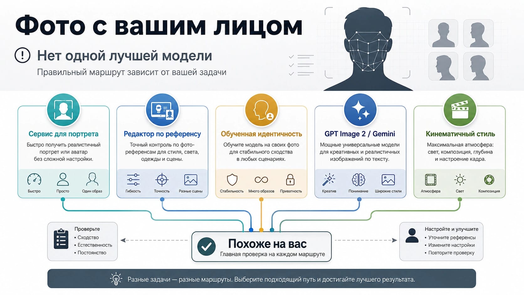 Схема выбора маршрута для ИИ-фото с вашим лицом: портретный сервис, редактор по референсу, обучение личности, API и стиль