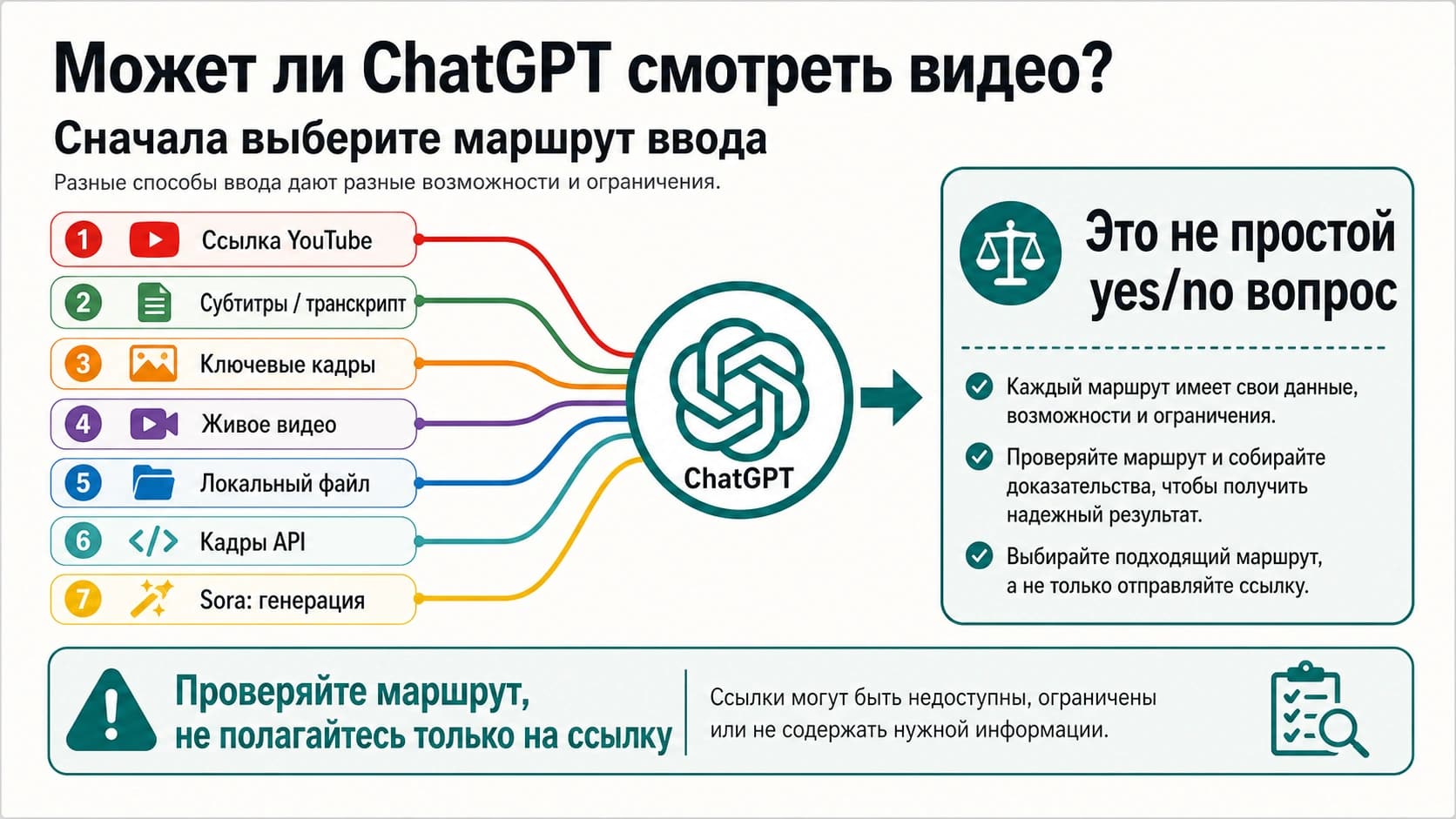 Карта маршрутов для видео-задач ChatGPT: YouTube, транскрипт, кадры, живое видео, файлы, API и Sora.
