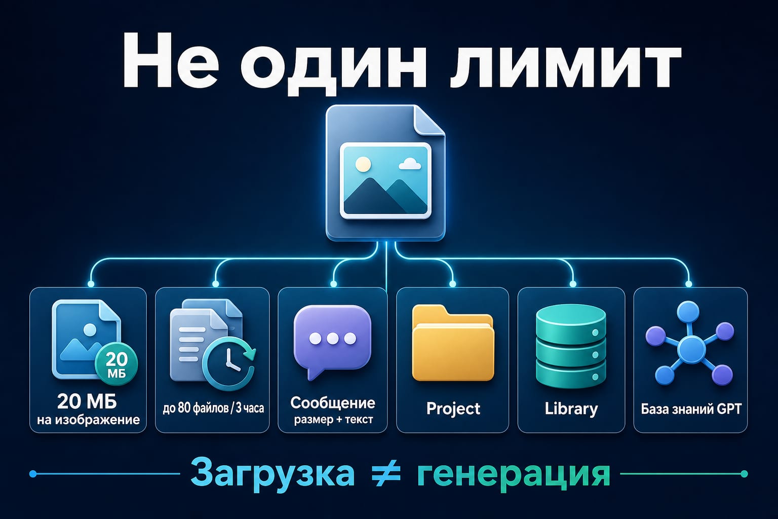 Шесть отдельных ограничений при загрузке фото в ChatGPT Plus: размер, частота, сообщение, Project, Library и GPT