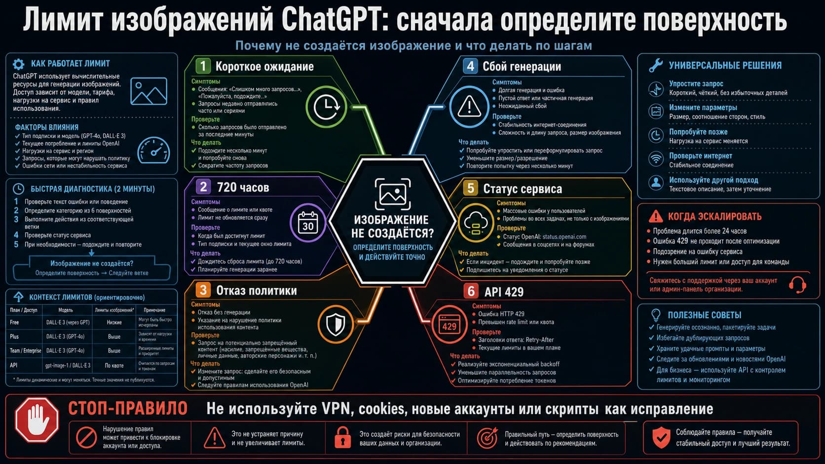 Диагностическая схема из шести веток для лимитов генерации изображений в ChatGPT