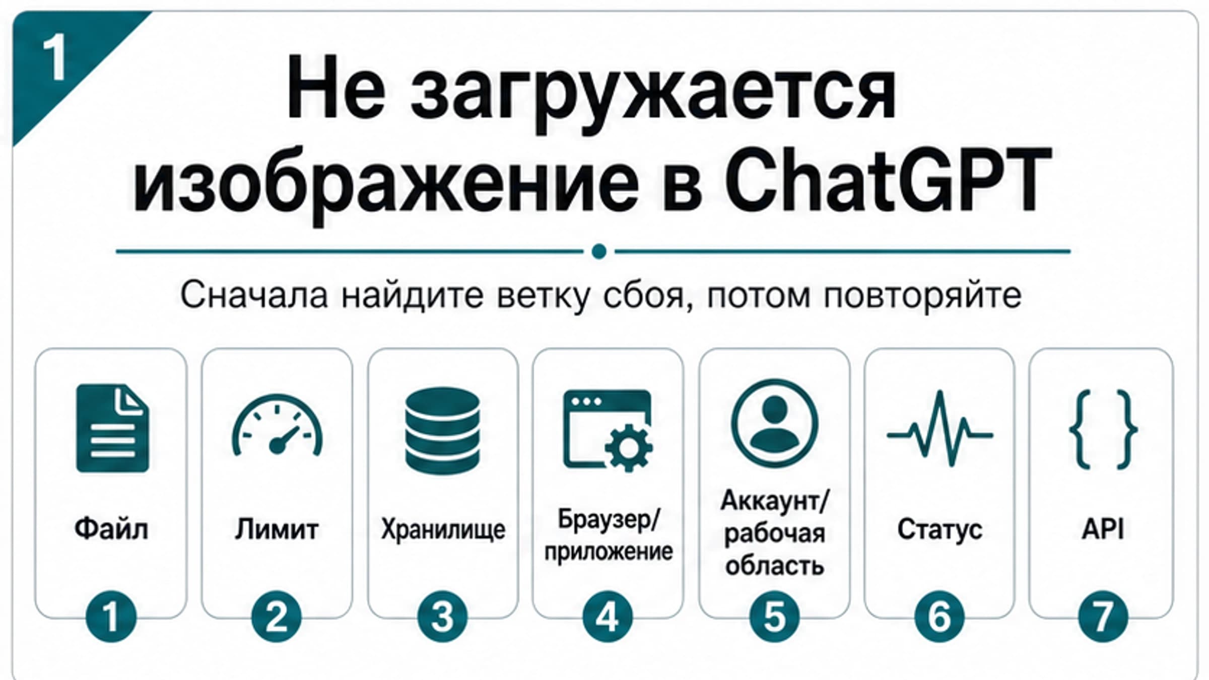 Диагностическая схема ошибок загрузки изображений в ChatGPT с ветками файла, лимита, хранилища, браузера, аккаунта, статуса и API