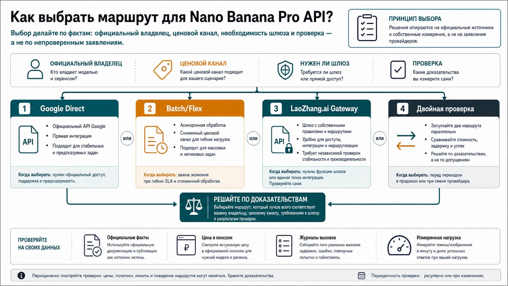 Схема маршрутов Nano Banana Pro API: Google direct, Batch/Flex, gateway validation и двойная проверка