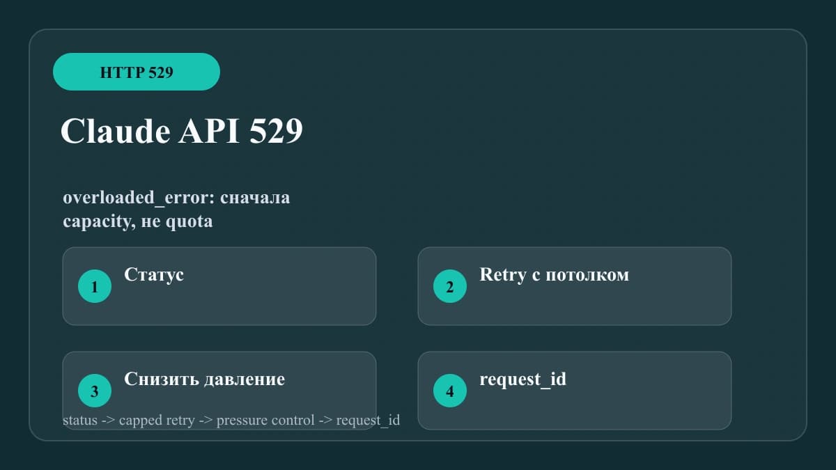 Диагностическая доска Claude API 529 с проверкой статуса, retry ceiling, снижением давления и request id