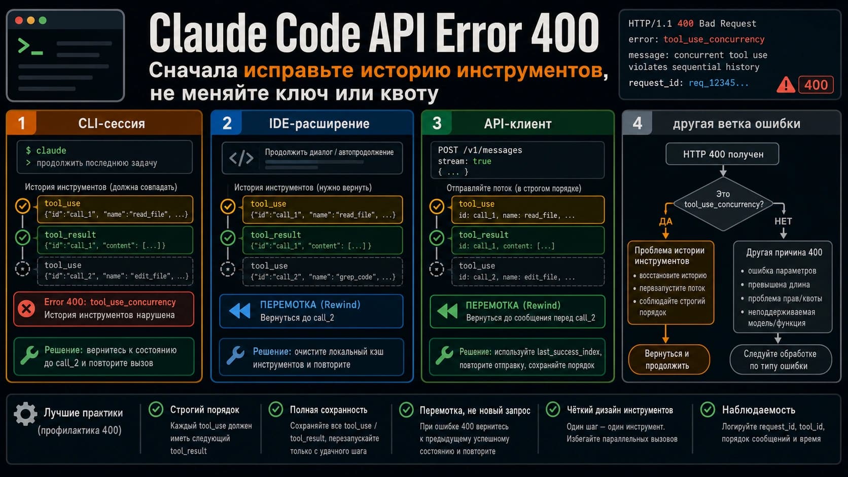 Маршрутная схема Claude Code API Error 400 для истории инструментов
