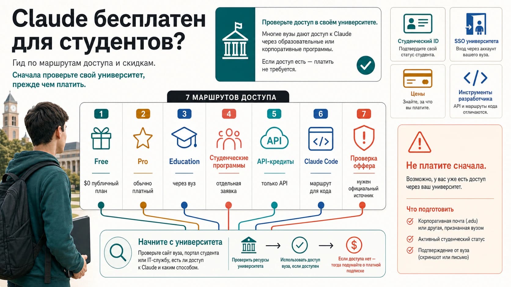 Схема студенческого доступа к Claude: Free, Pro, Education, программы, API-кредиты, Claude Code и проверка бесплатных обещаний